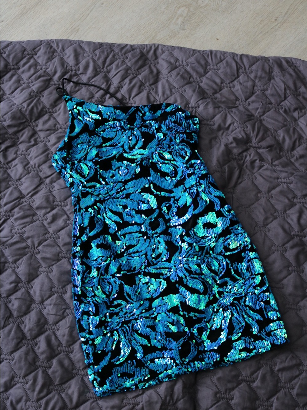 Blondie Nites Black One-Shoulder Mini Dress with Teal & Turquoise Sequins - HOCO